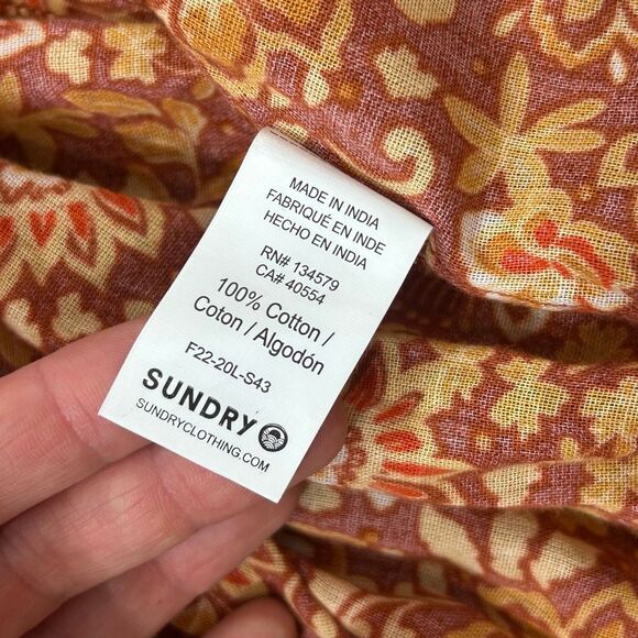 NWT Sundry Midi Dress Brown Orange Floral Cotton Boho Oversized Puff Sleeve S 1 - Picture 12 of 15